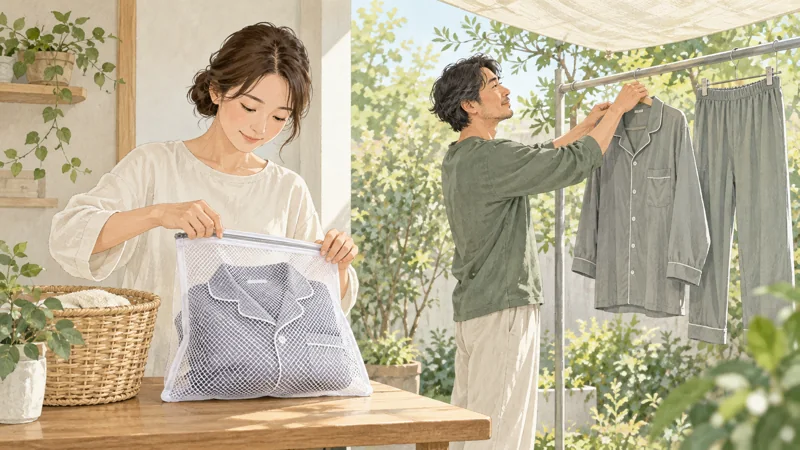 マイまくらを洗濯するときの洗剤・仕分け・干し方の確認方法をイメージしたイラスト