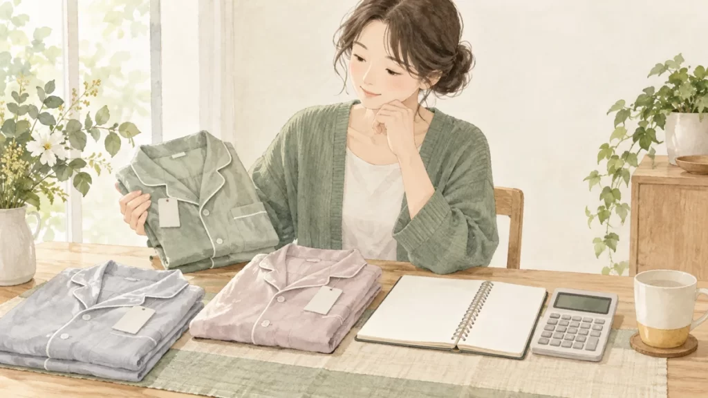 予算別に選ぶリカバリーウェア｜上下の総額と購入条件を比較の確認方法を表すイラスト