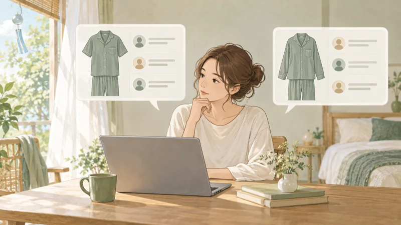 暑いという口コミはリカバリーウェアのモデルまで見るの確認ポイントを表したイラスト
